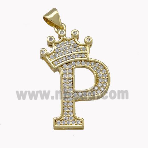 Copper Letter-P Pendant Micro Pave Zirconia Crown Gold Plated