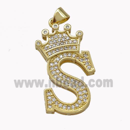 Copper Letter-S Pendant Micro Pave Zirconia Crown Gold Plated