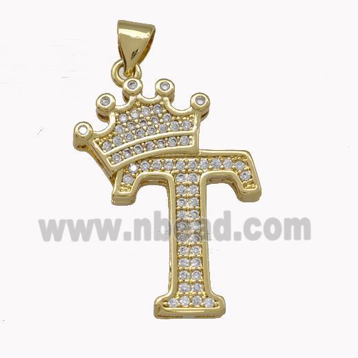 Copper Letter-T Pendant Micro Pave Zirconia Crown Gold Plated