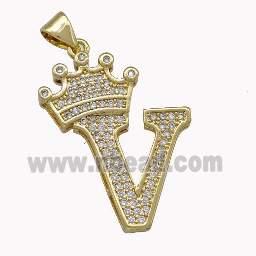 Copper Letter-V Pendant Micro Pave Zirconia Crown Gold Plated