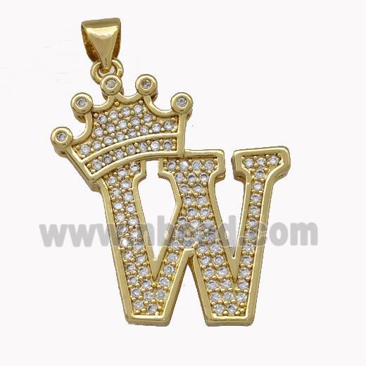 Copper Letter-W Pendant Micro Pave Zirconia Crown Gold Plated