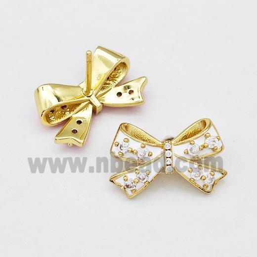 Copper Bow Stud Earrings Pave Zirconia White Enamel Gold Plated