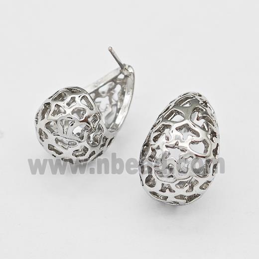 Copper Earring Studs Pave Zirconia Hollow Teardrop Platinum Plated