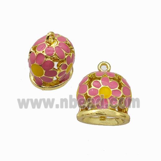 Copper Bell Pendant Daisy Pink Enamel Gold Plated