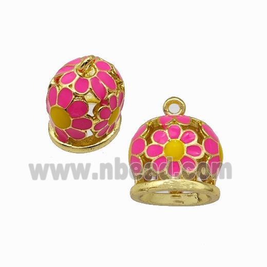 Copper Bell Pendant Daisy Pink Enamel Gold Plated