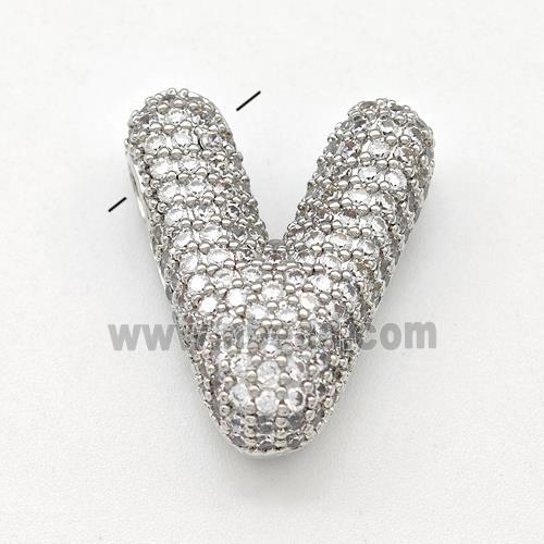 Copper Letter-V Pendant Micro Pave Zirconia Platinum Plated