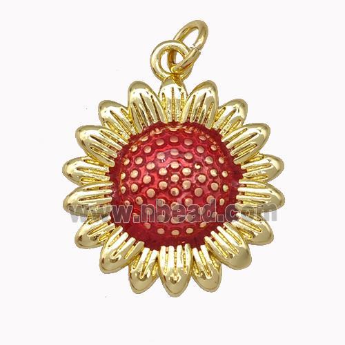 Copper Sunflower Pendant Red Painted Gold Plated