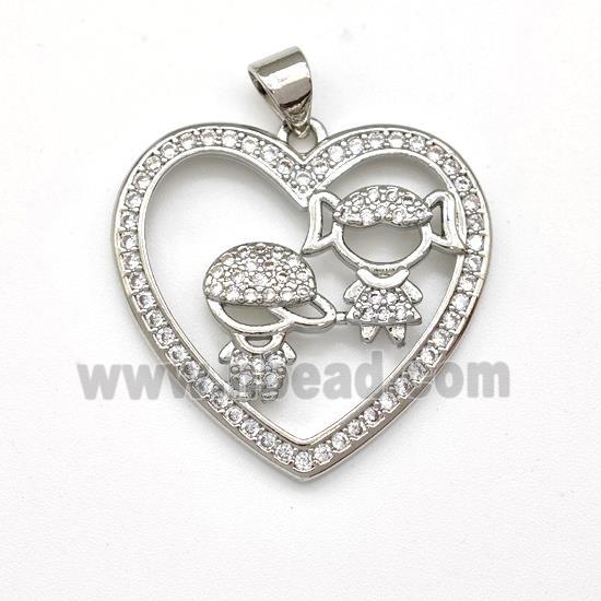 Copper Heart Pendant Micro Pave Zirconia Kids Platinum Plated