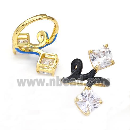 Copper Rings Pave Zirconia Black Enamel Adjustable Gold Plated