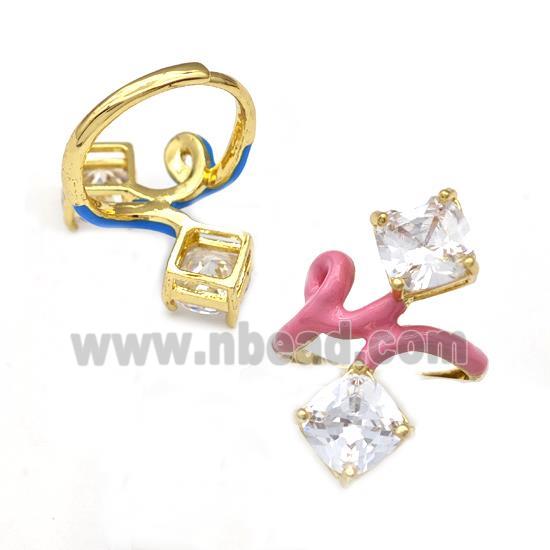 Copper Rings Pave Zirconia Pink Enamel Adjustable Gold Plated