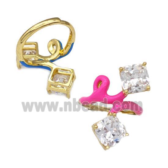 Copper Rings Pave Zirconia Hotpink Enamel Adjustable Gold Plated