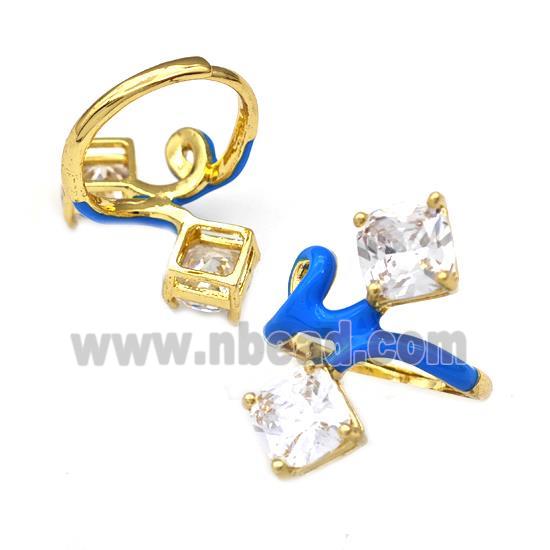 Copper Rings Pave Zirconia Blue Enamel Adjustable Gold Plated