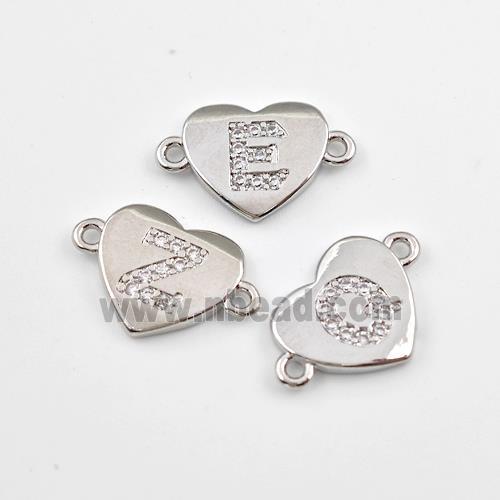 Copper Heart Alphabet Connector Pave Zirconia Mixed Letters Platinum Plated