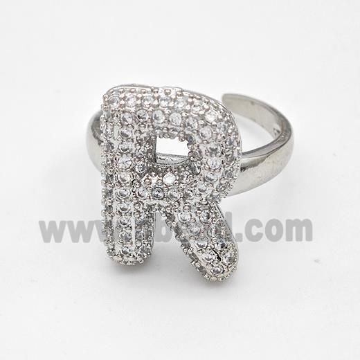 Copper Ring Pave Zirconia Letter-R Platinum Plated