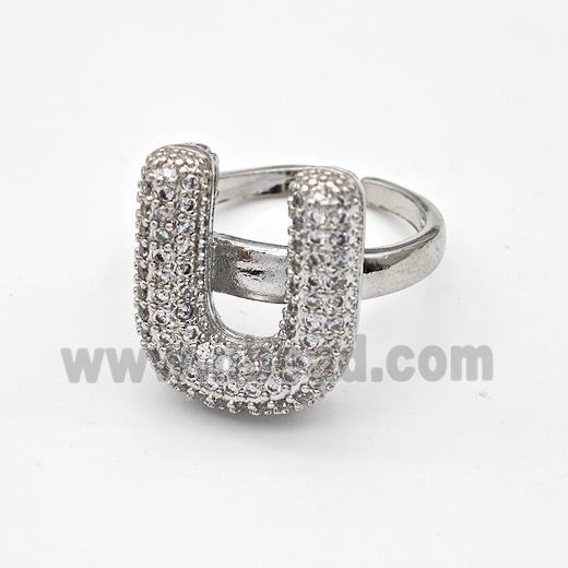 Copper Ring Pave Zirconia Letter-U Platinum Plated