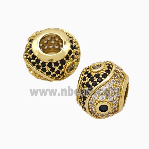 Copper Taichi Beads Micropave Zirconia Large Hole Round Gold Plated