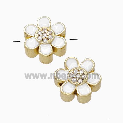 Copper Flower Beads Micropave Zirconia White Enamel Gold Plated