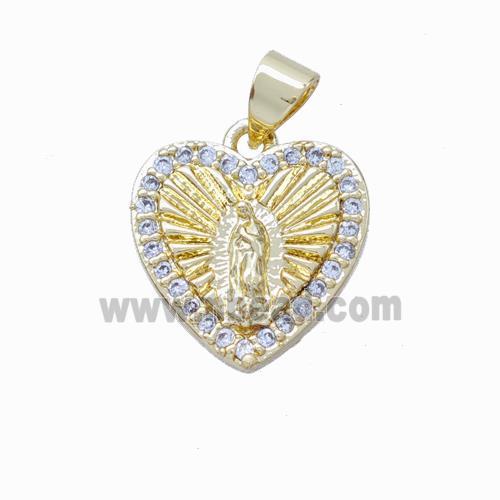 Virgin Mary Charms Copper Heart Pendant Pave Zirconia Gold Plated