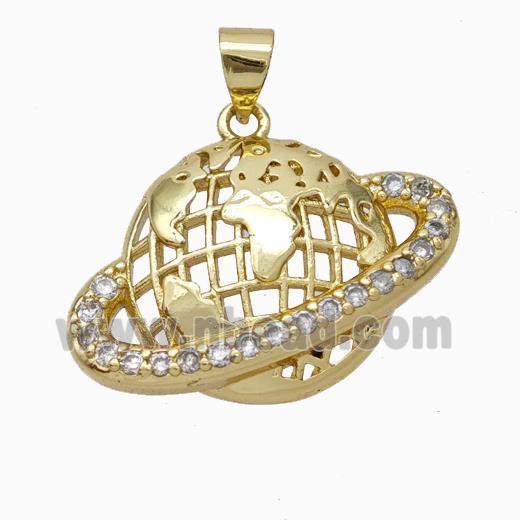 Copper Earth Pendant Micropave Zirconia Planet Gold Plated