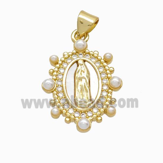 Virgin Mary Charms Copper Pendant Pave Zirconia Shell Resin 18K Gold Plated