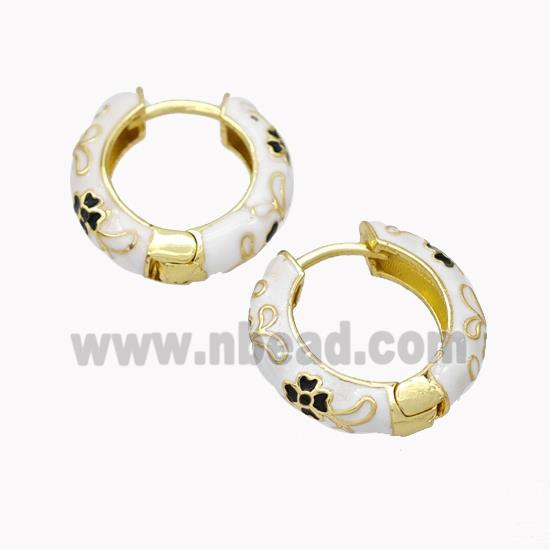 Copper Hoop Earrings White Enamel Flower Gold Plated