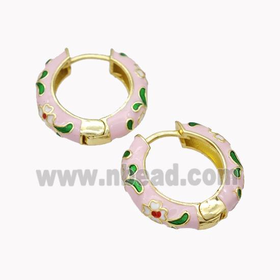 Copper Hoop Earrings Pink Enamel Flower Gold Plated