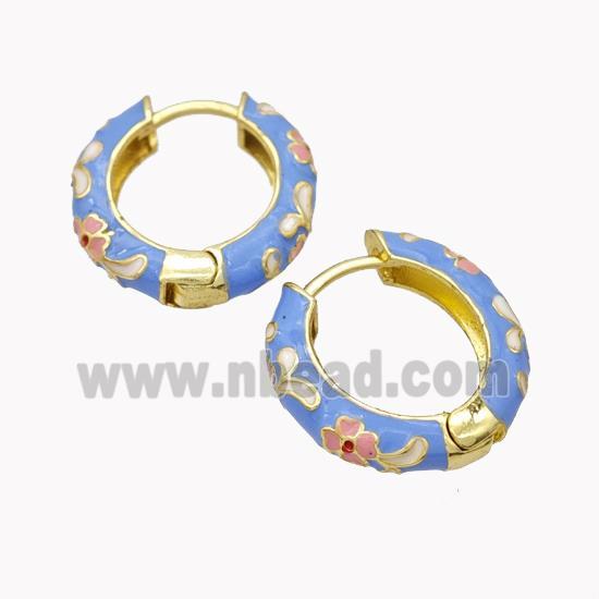 Copper Hoop Earrings Blue Enamel Flower Gold Plated