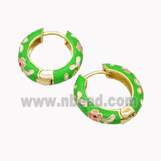 Copper Hoop Earrings Green Enamel Flower Gold Plated