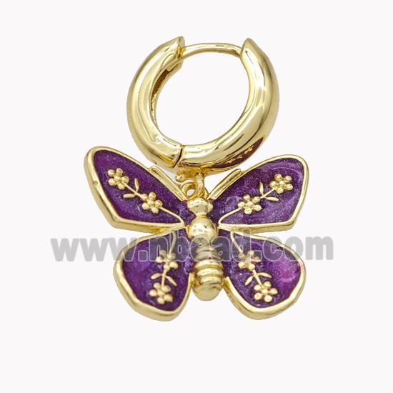 Copper Hoop Earrings With Butterfly Purple Enamel Gold Plated