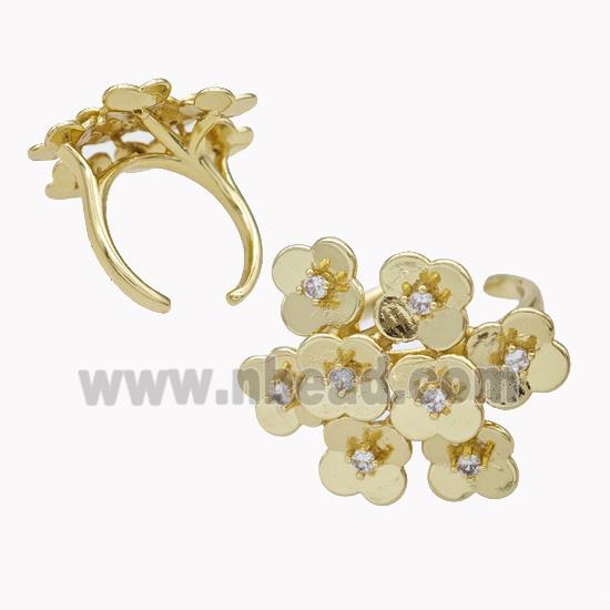 Copper Flower Cluster Rings Pave Zirconia Gold Plated