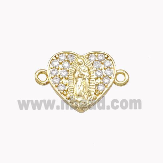 Virgin Mary Charms Copper Heart Connector Pave Zirconia Gold Plated