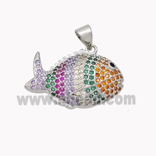 Copper Fish Pendant Micropave Multicolor Zirconia Platinum Plated