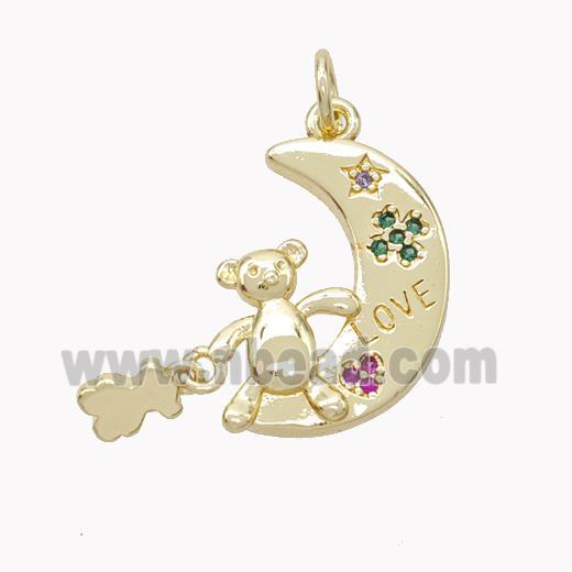 Copper Moon Pendant Pave Zirconia Bear LOVE Gold Plated