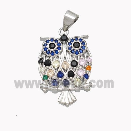 Copper Owl Pendant Pave Multicolor Zirconia Birds Platinum Plated