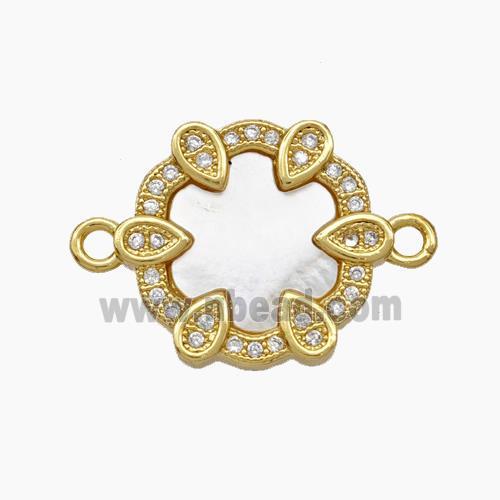 Copper Connector pave zircon and white shell bead, Gold Plated