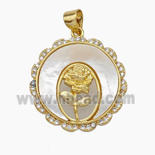 Copper pendant pave zircon and white shell bead, Gold Plated