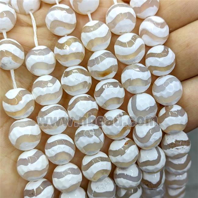 Tibetan Agate Beads Faceted Round Wave White B-Grade
