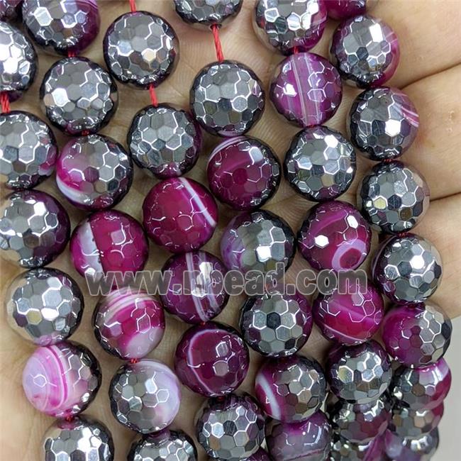 Natural Stripe Agate Beads Faceted Round Hotpink Dye Platinum Plated