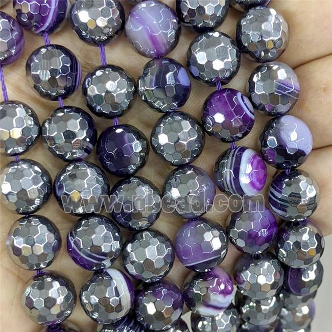 Natural Stripe Agate Beads Faceted Round Purple Dye Platinum Plated