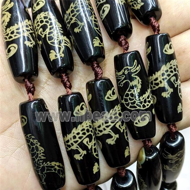 Tibetan Agate Rice Beads Black Yellow Dragon