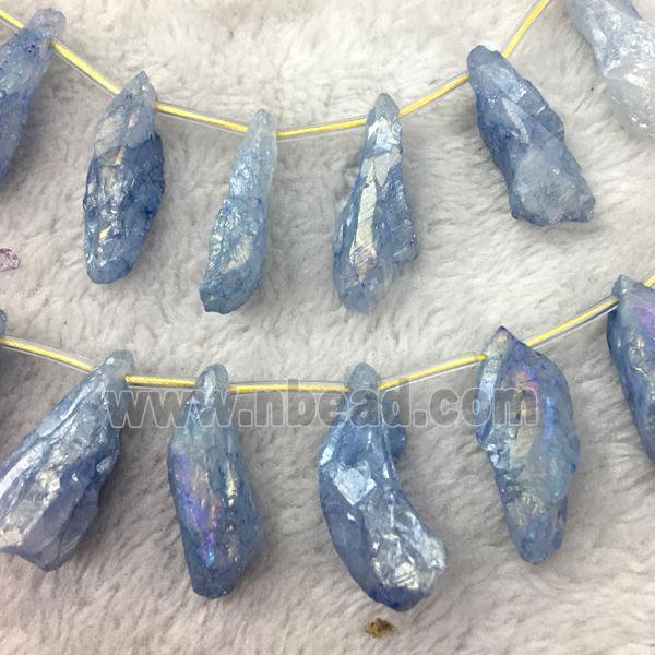 crystal quartz stick beads, freeform, blue electroplated