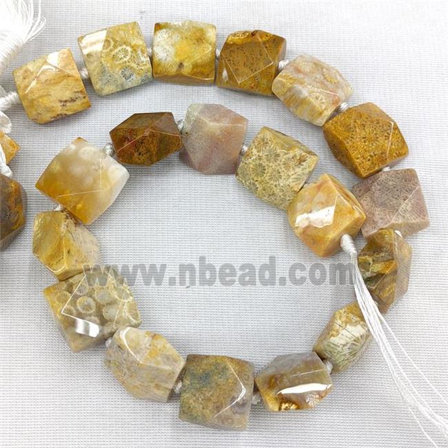 Natural Coral Fossil Square Beads Faceted Yellow