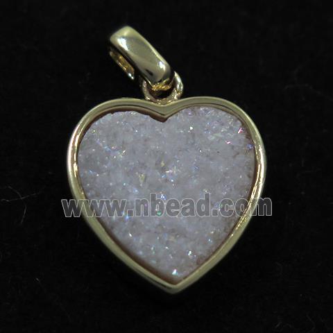 white AB-color druzy quartz heart pendant, gold plated