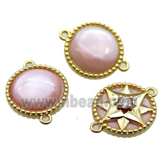 pink Queen Shell coin circle connector, gold plated