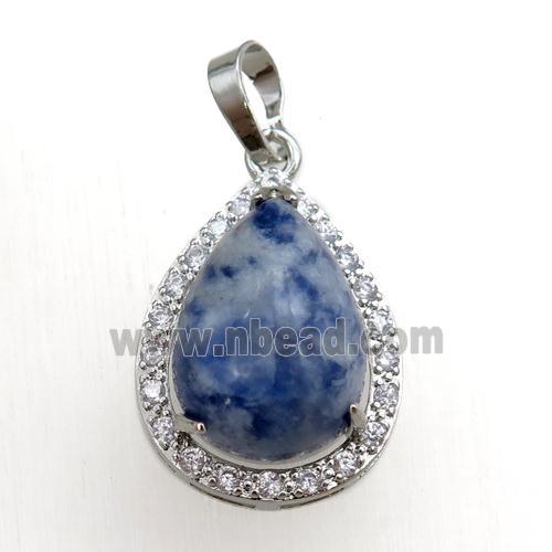 blue sodalite pendant paved rhinestone, teardrop, platinum plated