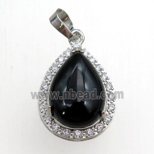 black onyx agate pendant paved rhinestone, teardrop, platinum plated