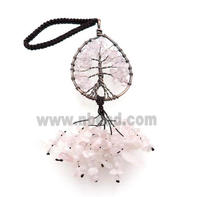 Pink Rose Quartz Chip Pendant Tree Of Life Antique Red