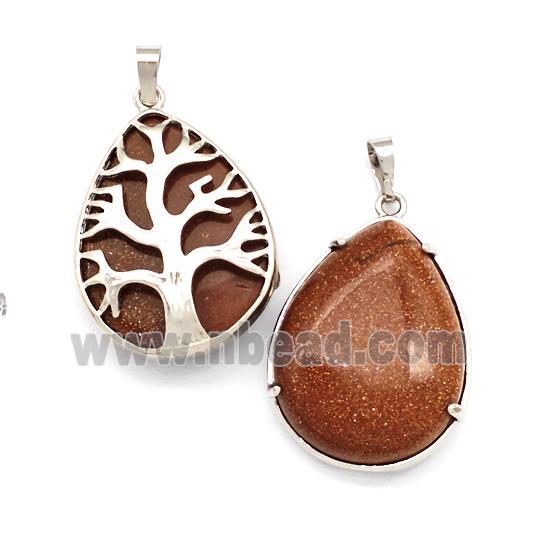 Golden Sandstone Teardrop Pendant Tree Platinum Plated