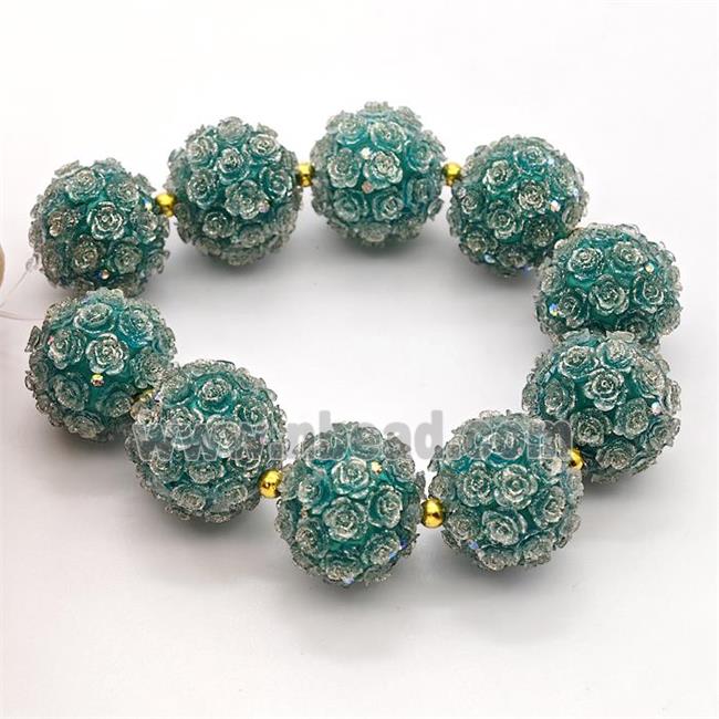 Resin Round Beads Pave Rhinestone Flower Green