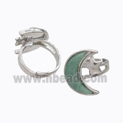 Copper Moon Rings Pave Green Aventurine Adjustable Platinum Plated